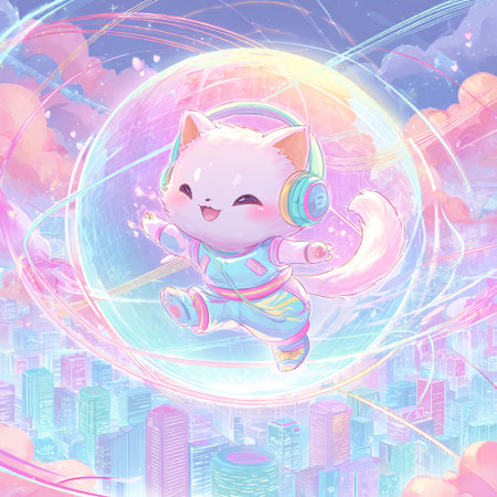 cute kawaii cat with headphones on the background of the cityの素材