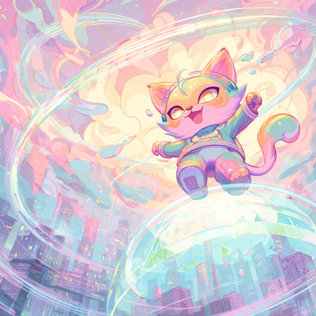 Cute cartoon cat on the background of the city. Illustrationの素材