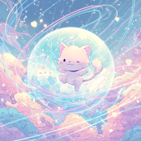 Kawaii cat on the background of the planet. Vector illustration.の素材