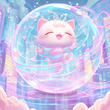 Kawaii cat in the sky on the background of the cityの素材