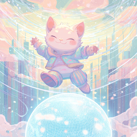 Cute cat on the background of the night city. Vector illustration.の素材