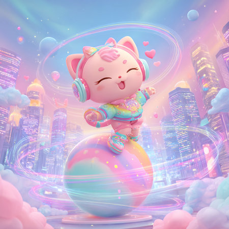 Cute pink cat listening to music on the planet. 3d renderingの素材