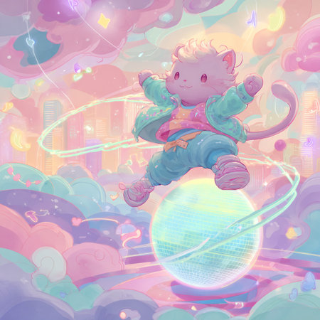 Cute cartoon girl flying in the sky with a big planet.の素材