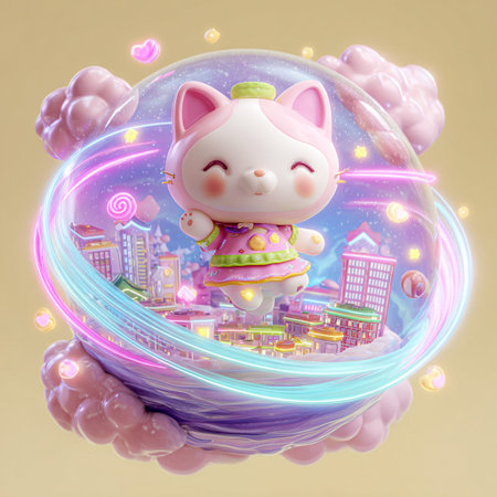 Cute cat and city in a bubble - 3D Renderingの素材