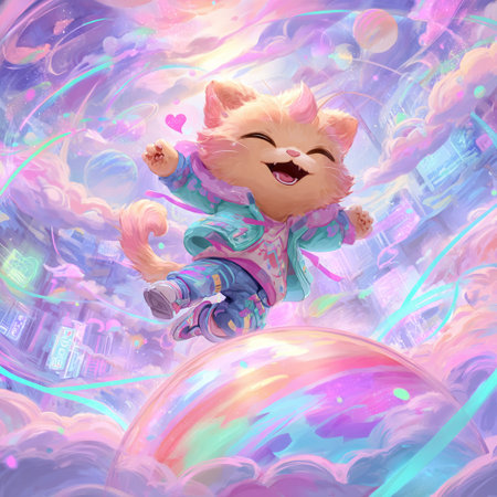 Illustration of a cute cat on a background of clouds and rainbowの素材
