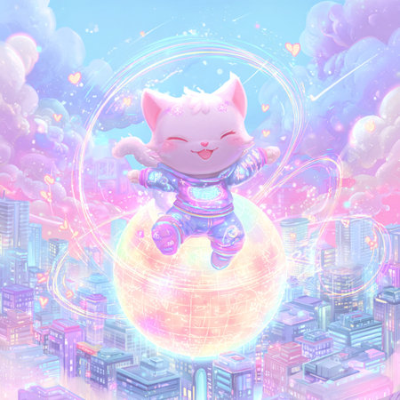 Illustration of a cute cat in the city with a globe.の素材
