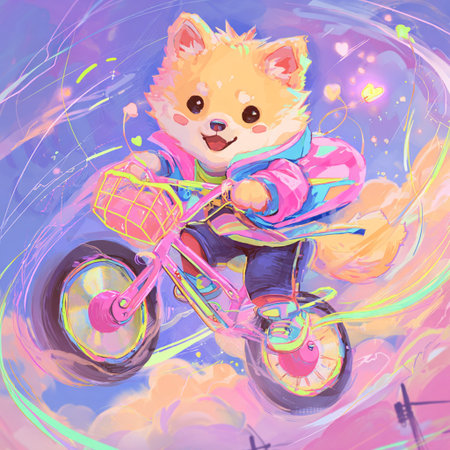 Cute little fox rides a bike on a background of the skyの素材