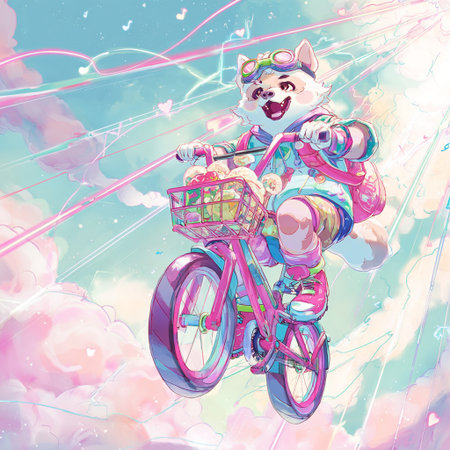 Funny cat riding a bicycle on a background of clouds and skyの素材