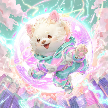 Cute white fluffy dog in a pajama rides on the planet.の素材
