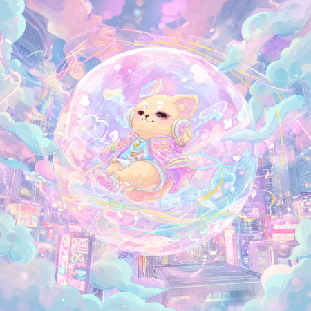 Illustration of a cute little girl in a pink dress on a background of the night cityの素材