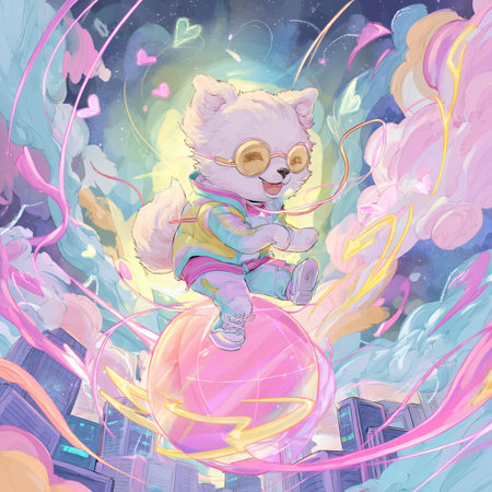 Funny cartoon cat on a ball in the city. Vector illustration.の素材