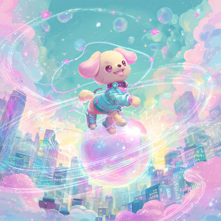 Cute cartoon bear with a ball on the background of the cityの素材