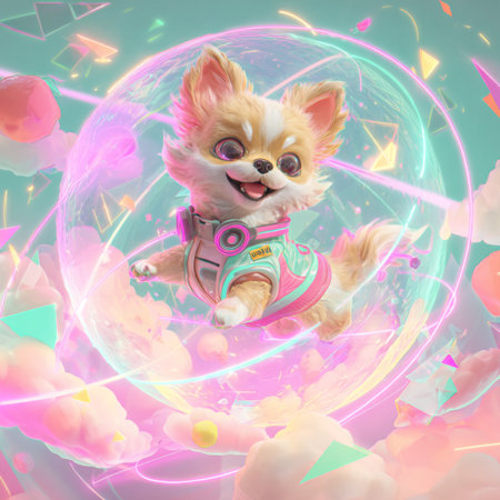 Cute chihuahua dog flying in the sky, 3d illustrationの素材