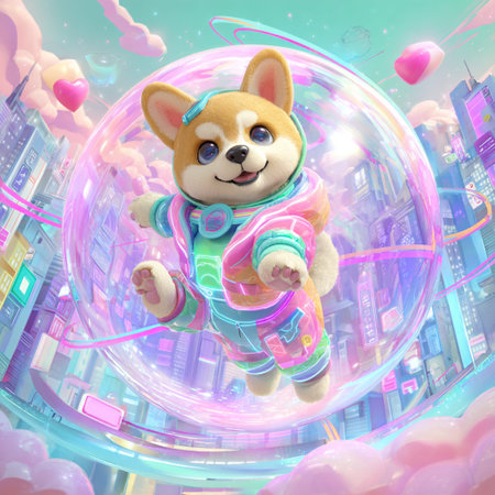 Cute dog on the background of the city. 3D illustrations.の素材