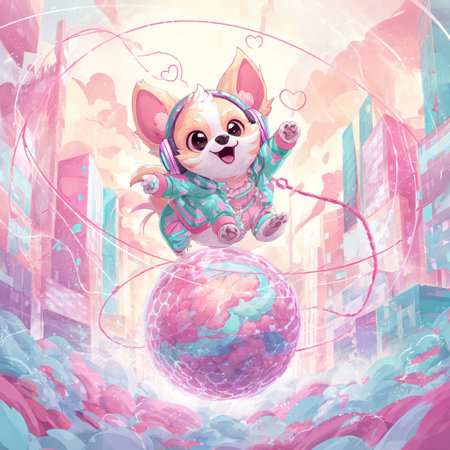 Cute cartoon chihuahua with headphones on the globe.の素材