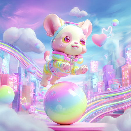 3D render of a cute pink mouse with a rainbow in the backgroundの素材