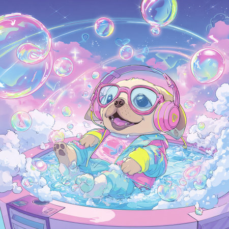 Cute cartoon dog listening to music on a turntable.の素材