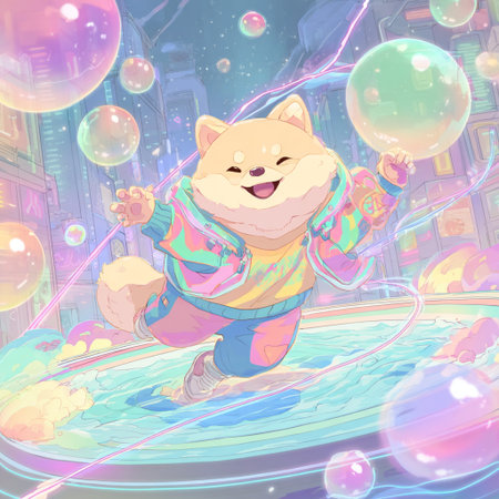 cute cartoon dog playing with soap bubbles in the city at nightの素材