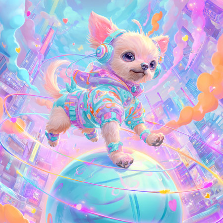 Chihuahua dog in a blue suit on the background of the city.の素材