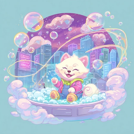 Cute cartoon cat in bath with soap bubbles. Vector illustration.の素材