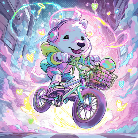 Vector illustration of cute teddy bear riding a bike in the city.の素材