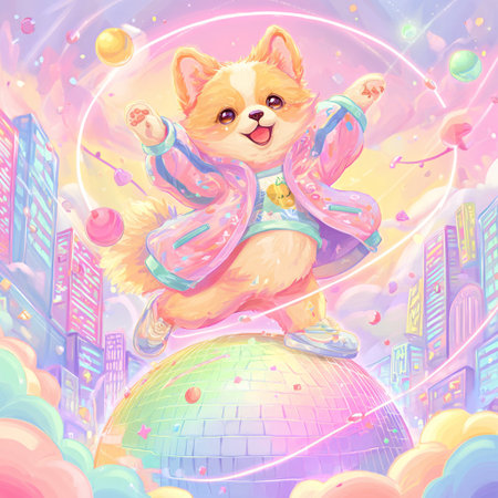 Cute cartoon chihuahua dog flying on the planet.の素材
