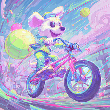 Vector illustration of a cute cartoon mouse riding a bicycle on the colorful background.の素材