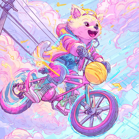 Cute cartoon chihuahua rides a bicycle on a background of clouds.の素材