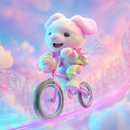 Teddy bear rides a bicycle in the city. 3D renderingの素材