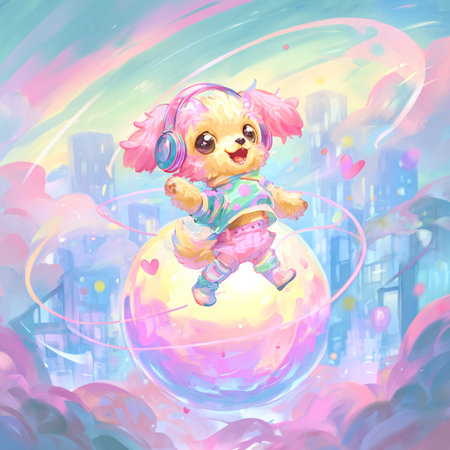 Childish illustration of a cute little girl with headphones playing on the earth.の素材