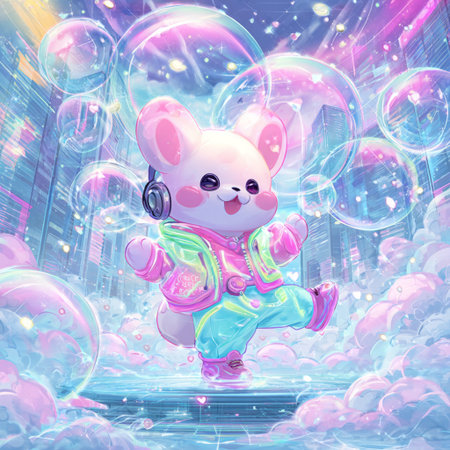 Fantasy illustration of a cute cartoon rabbit with headphones and soap bubbles.の素材