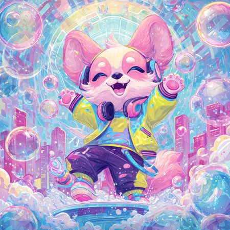 Cartoon illustration of a cute little chihuahua clown with headphones and soap bubblesの素材