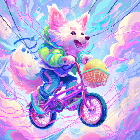 Pomeranian dog rides a bicycle in the park. Vector illustration.の素材