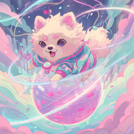 Cute cartoon pomeranian dog with a pink ball on a background of rainbow and cloudsの素材