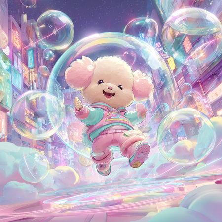 Cute teddy bear and soap bubbles in the night city.の素材