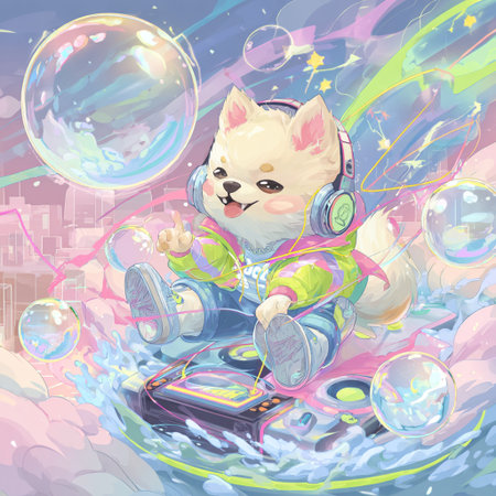 Cute little puppy in headphones listening to music on the background of the city.の素材