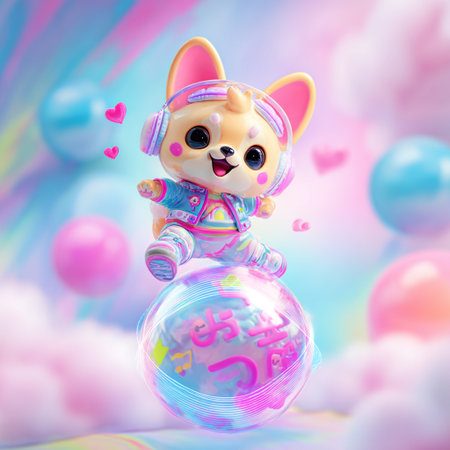 Cute cartoon dog in a pink costume with balloons on the background of clouds.の素材