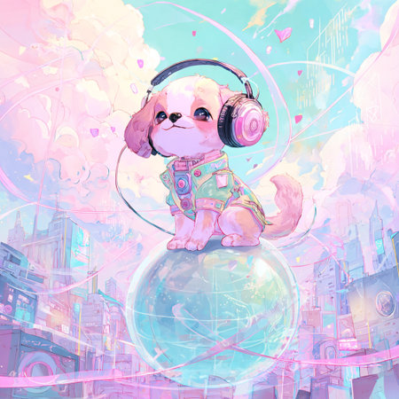 Cute dog with headphones listening to music in the city. Digital illustration.の素材
