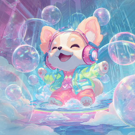 Cute dog listening to music with headphones on the background of soap bubbles.の素材