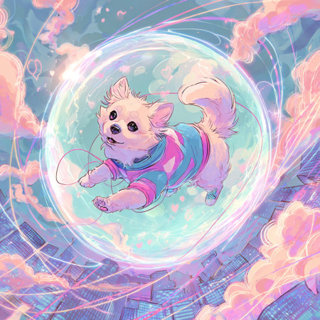 Cute little chihuahua dog flying in the sky.の素材