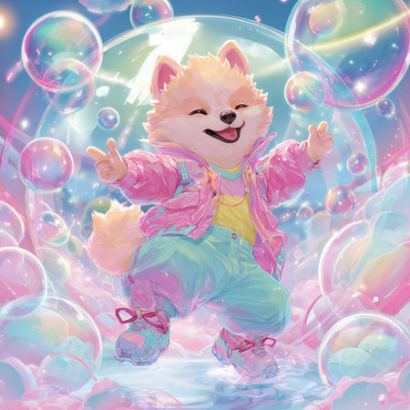 Cute pomeranian puppy playing with soap bubbles on abstract backgroundの素材