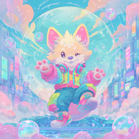 Cute little fox in the night city. Vector illustration for your designの素材