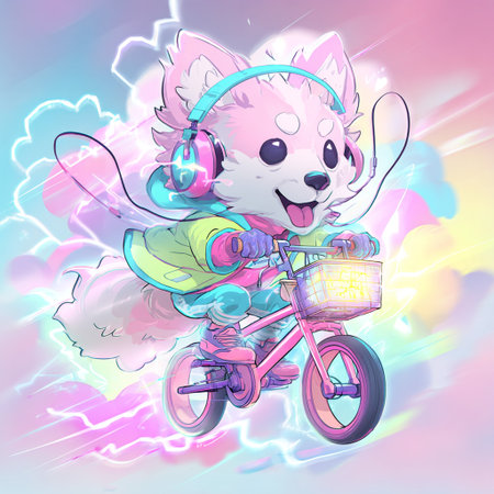 Cute cartoon dog in headphones rides a bicycle with a basket.の素材