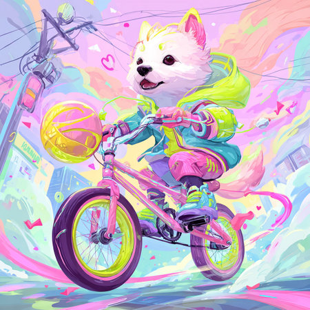 Vector illustration of a cute white dog riding a bicycle on a colorful backgroundの素材