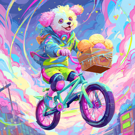 Vector illustration of a clown with a basket of sweets on a bicycleの素材