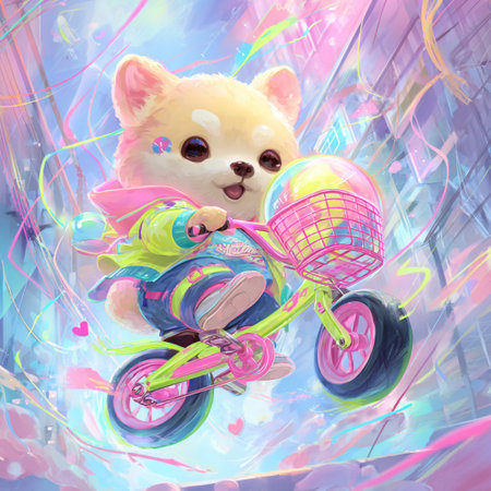 Cute Cartoon Chihuahua dog riding a bike on a colorful backgroundの素材