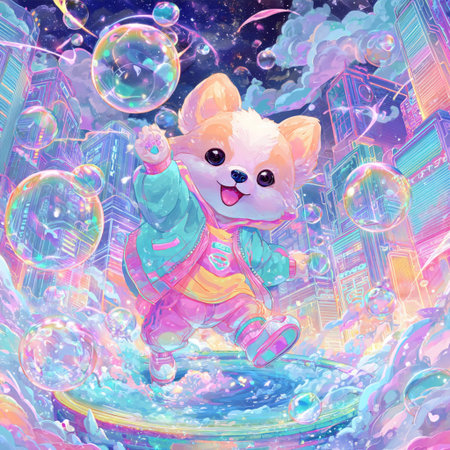 Cute cartoon chihuahua puppy with soap bubbles in the city.の素材