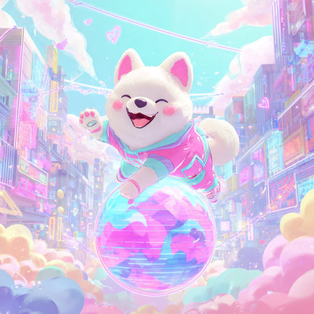 A cute cartoon white dog in a pink raincoat with a big blue ball in the city.の素材