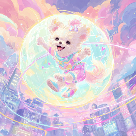 Cute Little Maltese in a pink dress jumping in the cityの素材