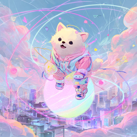 Cute dog in a pink pajamas and a teddy bear on the background of the cityの素材